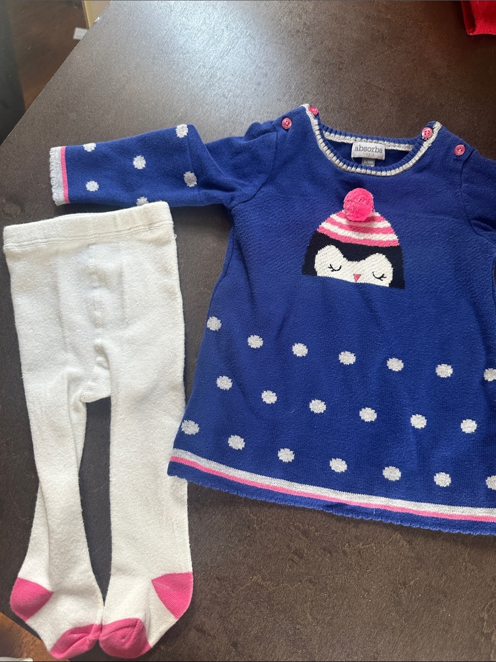 Absorba Navy Penguin Knit Dress with Cream Tights